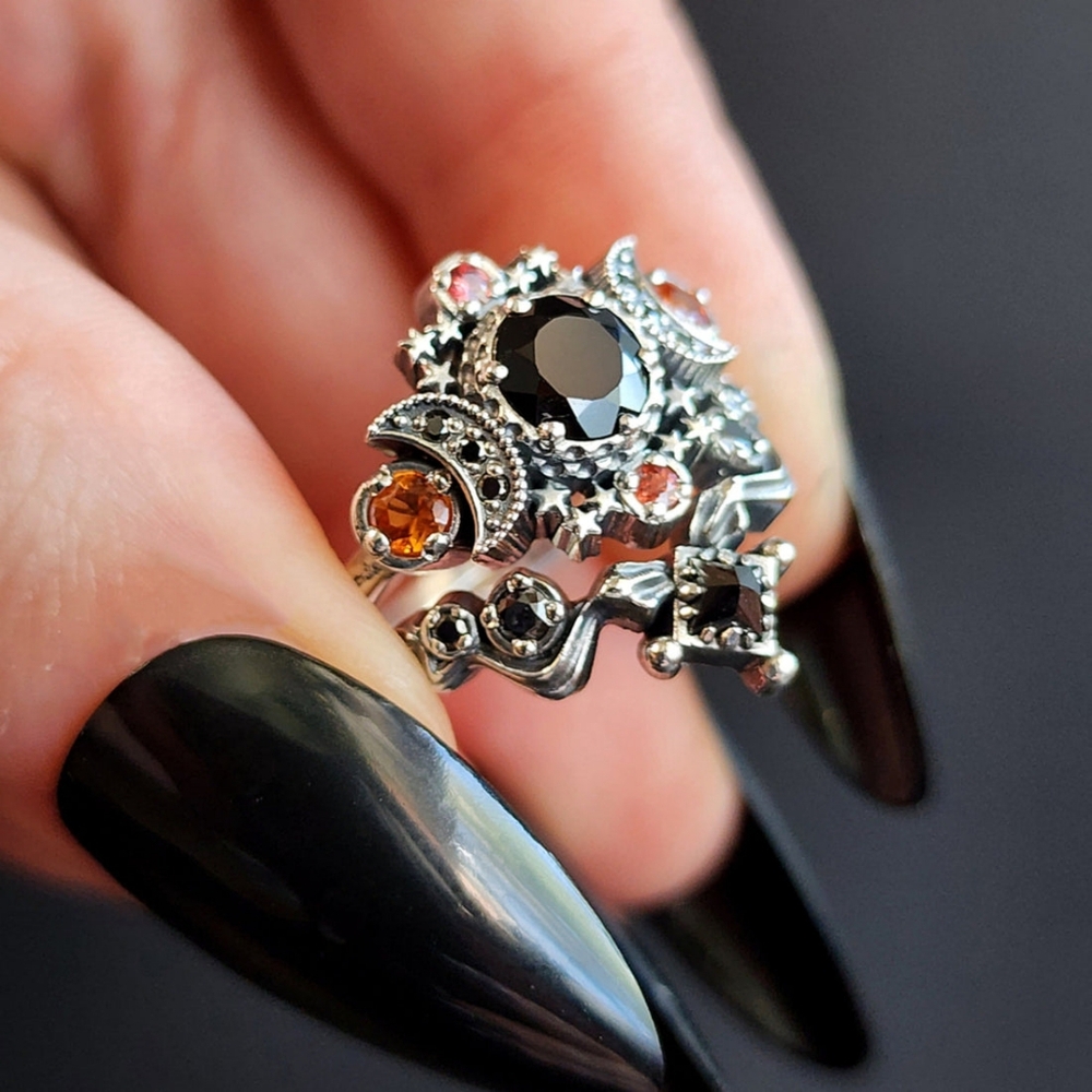 Silver Black Stone Celestial Ring Set - Women's Fashion - Picture 7 of 16
